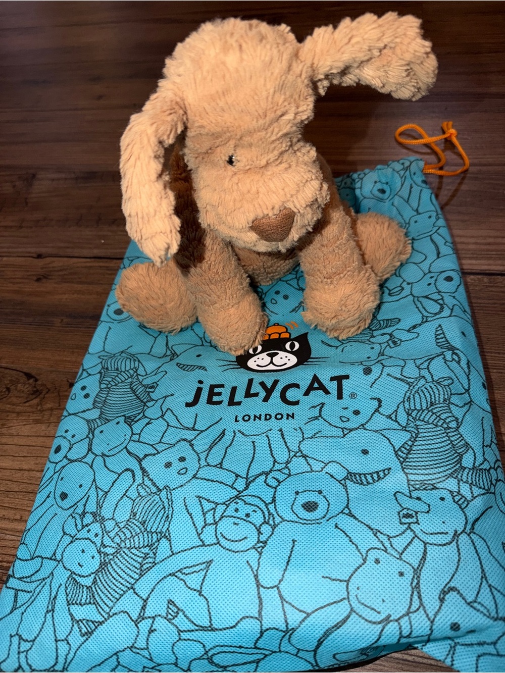 Jellycat Tan Plush Fuddlewuddle Tan Puppy with Turquoise Jellycat Drawstring Bag